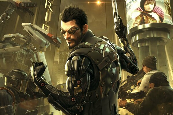 Personnage du jeu Deus ex se tient le dos avec un pistolet dans les mains