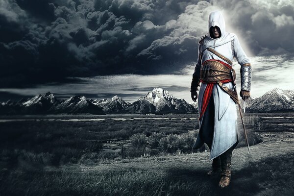 Screen du jeu assassins creed sur le fond des montagnes et des nuages