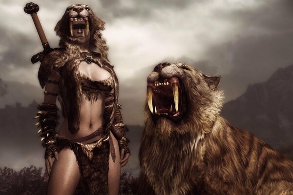 A warrior girl in the skin next to a saber-toothed tiger