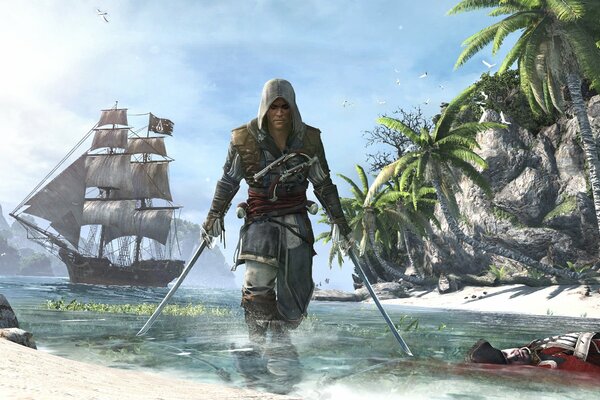 Assassin Assassin s Creed iv: black flag. pirat, Edward Kenway na tle statku