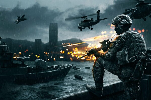 Bildschirm aus Battlefield 4 - Ein Soldat am Fluss mit Waffen vor dem Hintergrund militärischer Ausrüstung