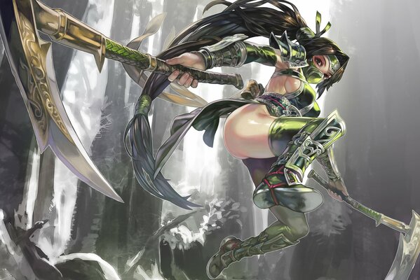 Mädchen mit Waffen im Sprung von League of Legends akali