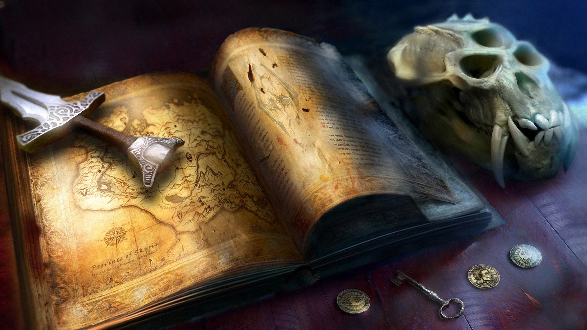 the elder scrolls skyrim libro tarjeta espada cráneo monedas dinero llave colmillos