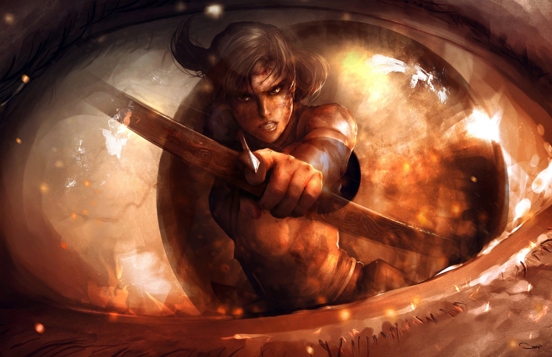 arte lara croft tomb raider chica ojo reflexión sacrificio arco flecha