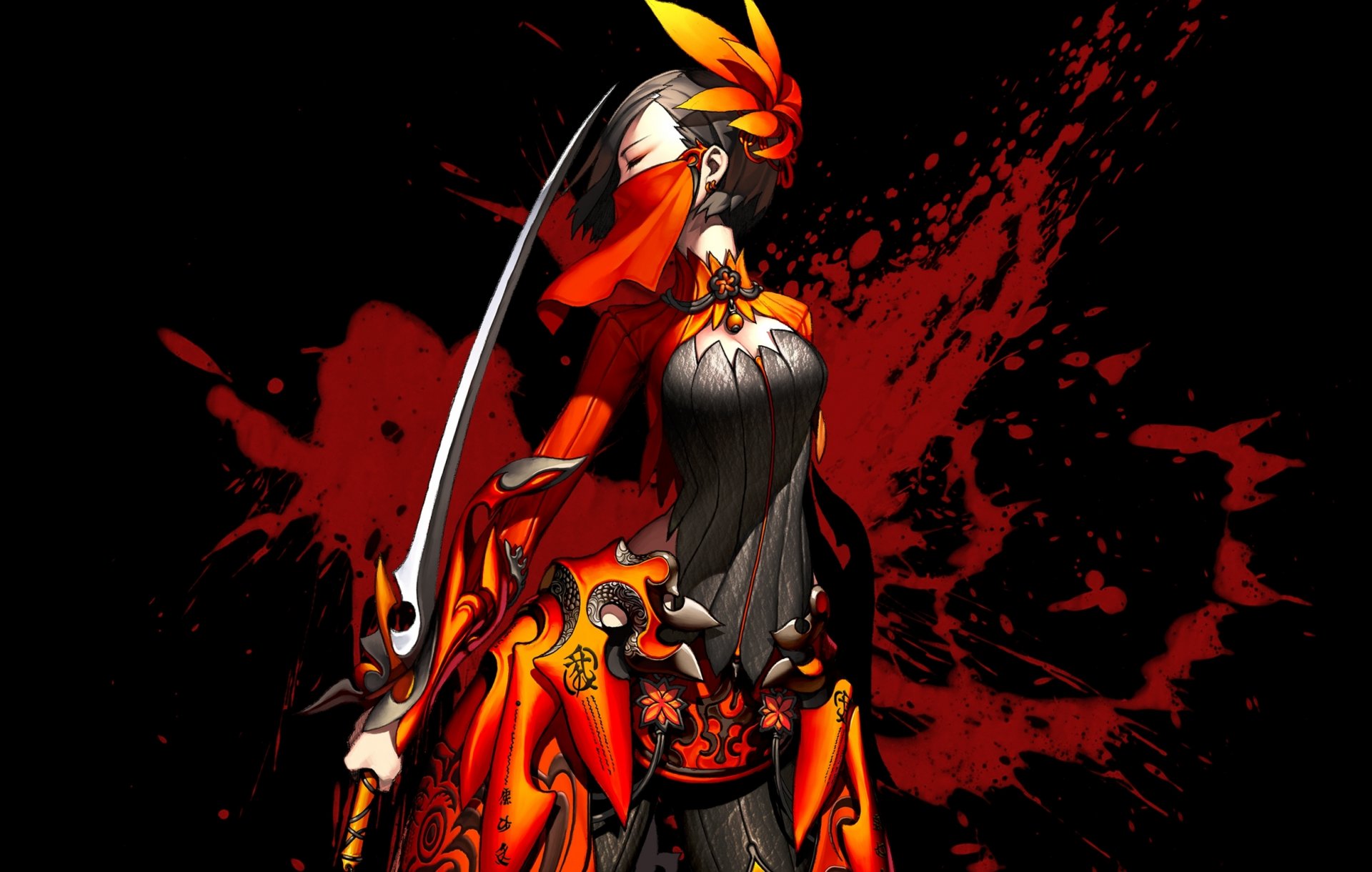 art kim hyung-tae blade&soul girl sword dark background blots flower