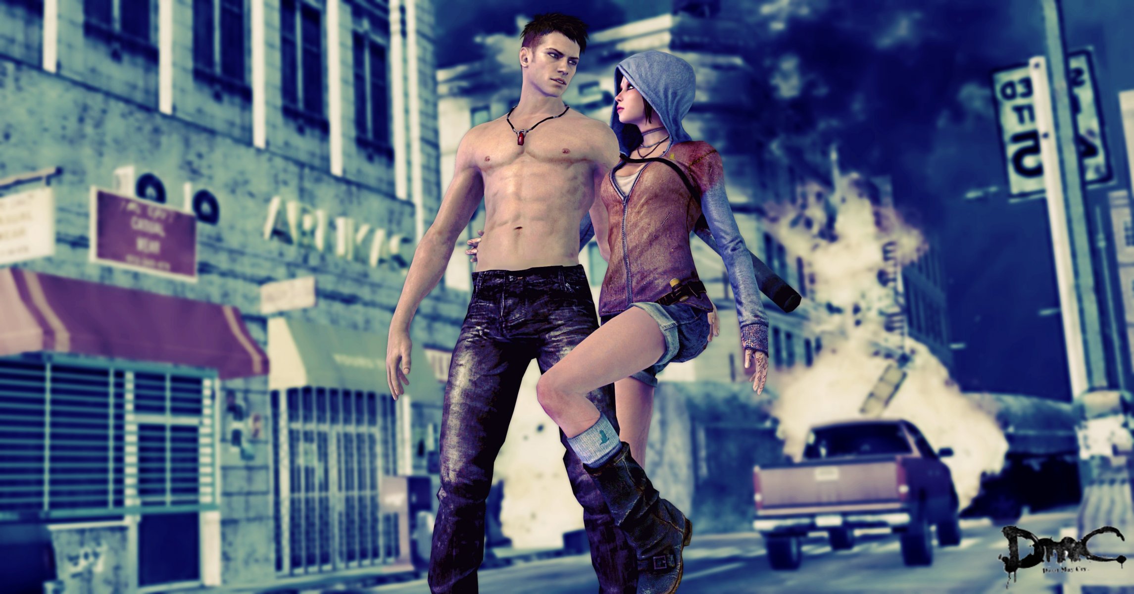 dmc devil may cry 5 kat dante kaptur szorty dżinsy wygląd gra. miasto zniszczenia maszyna