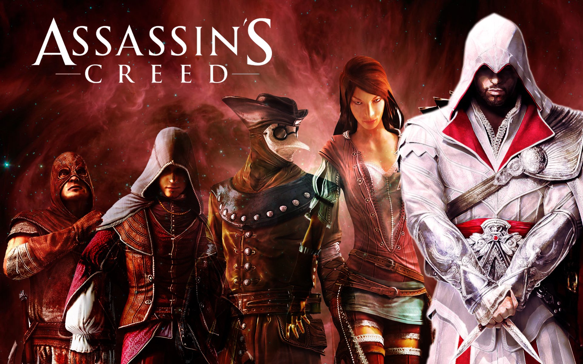assassins creed bractwo zabójca ezio auditore da firenze zabójca assassin creed bractwo krwi bohaterowie multiplayer dr malfatto bandyta la lupo kurtyzana fiora cavazza kat il carnefi mgławica kosmos widok z tyłu