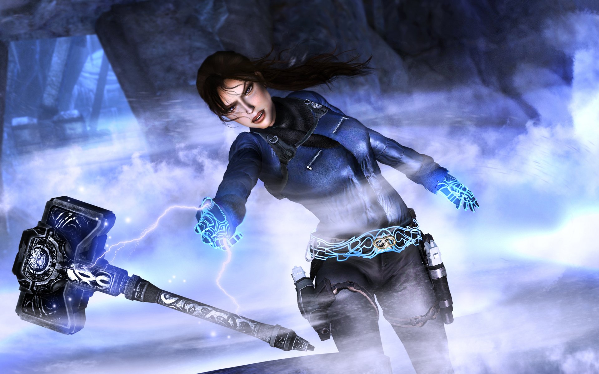 tomb raider lara croft mädchen höhle nebel hammer blitz