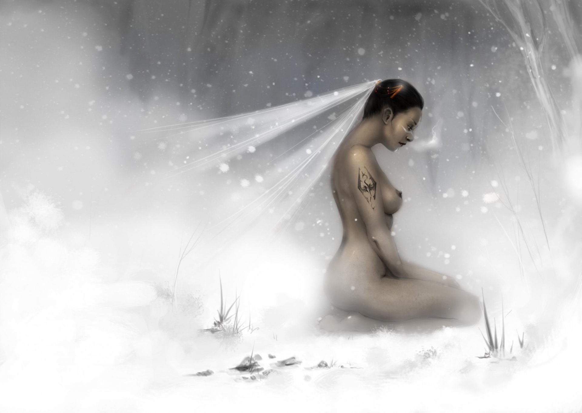 arte skyrim cipresso redgardian ragazza tatuaggio neve velo nudo