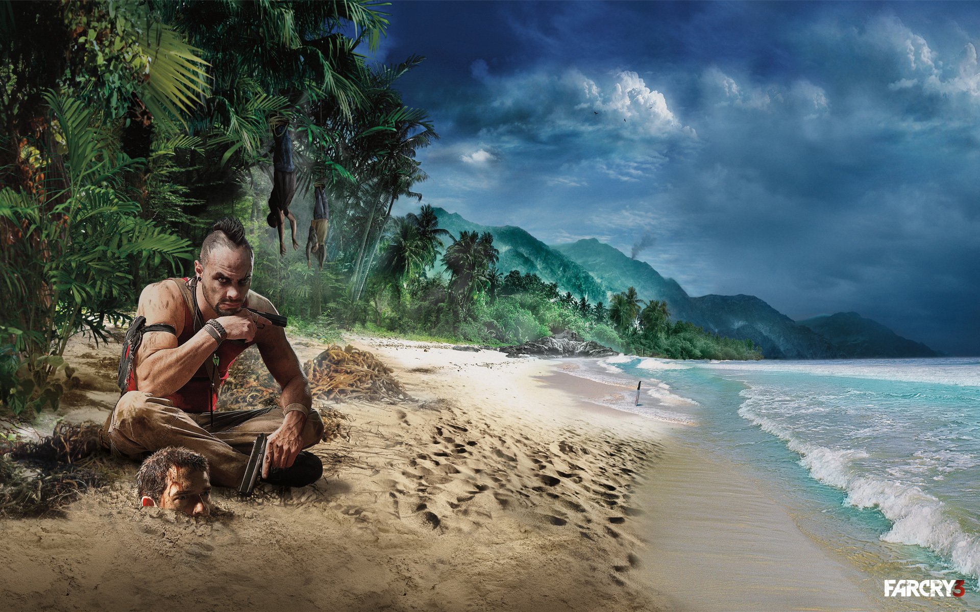 far cry 3 plage vagues palmiers ciel loin cri