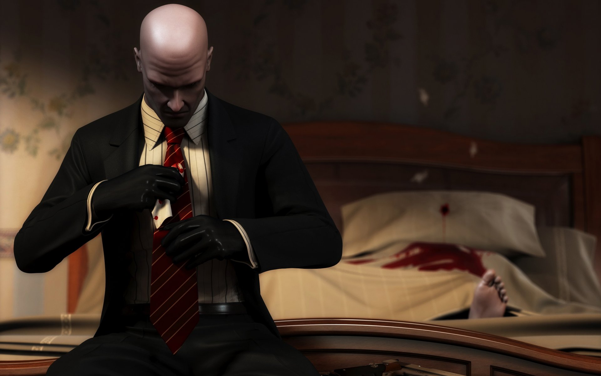 hitman: argent de sang argent de sang sang cadavre pistolet lit jambe costume gants cravate