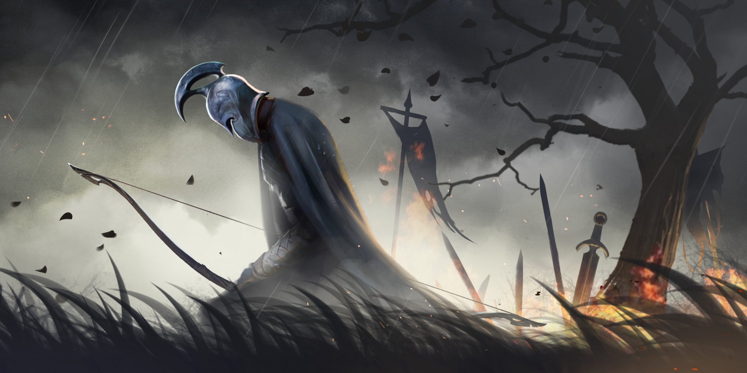 hobbit armeen des dritten alters krieger waffe sitzend gras banner schlachtfeld bogen regen feuer baum herr der ringe