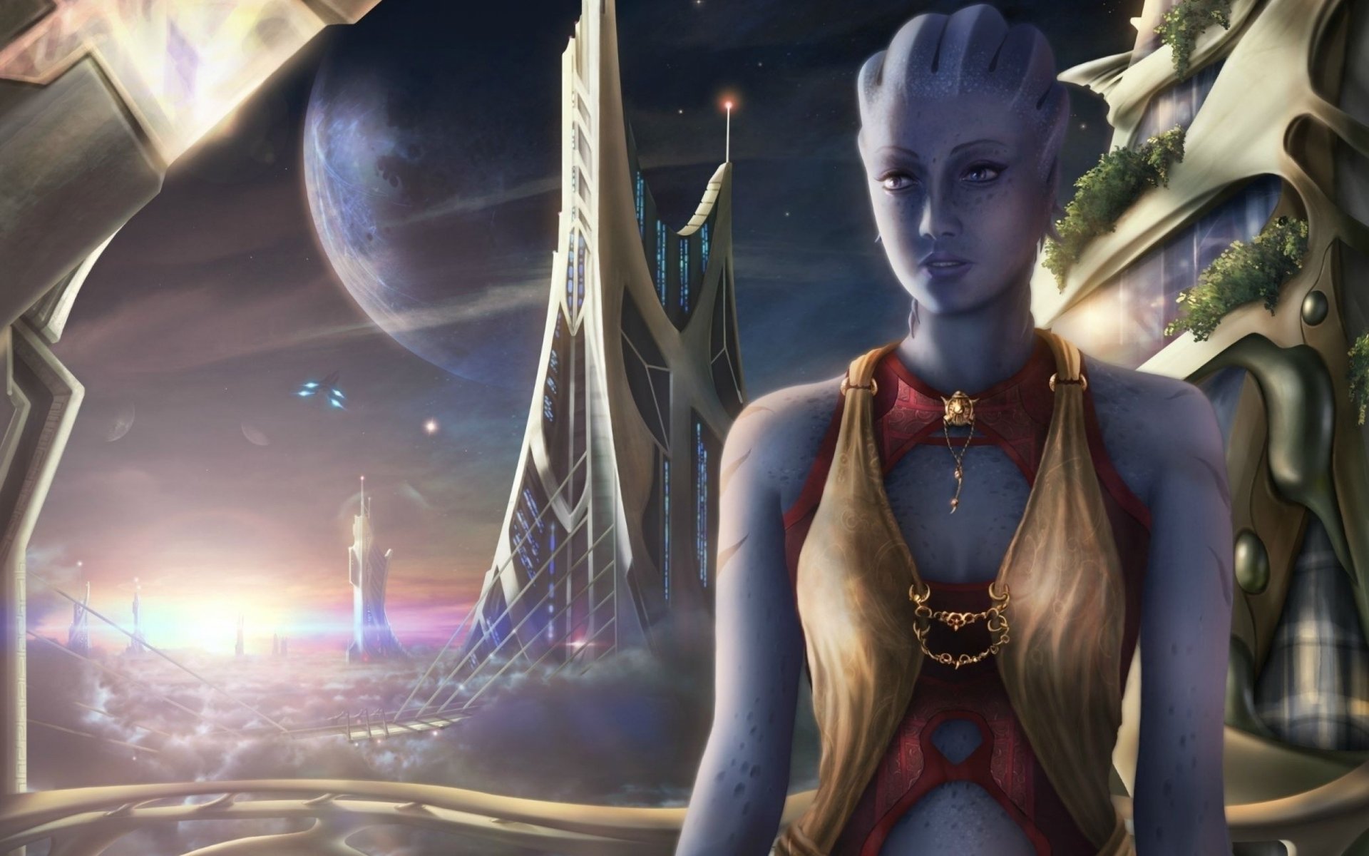 fan art mass effect liara azari ciudad thessia planeta nave nubes vista