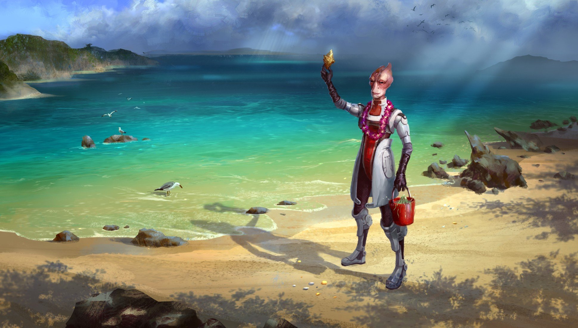 fanart mass effect me mordin sea bucket shell hills clouds stones gull