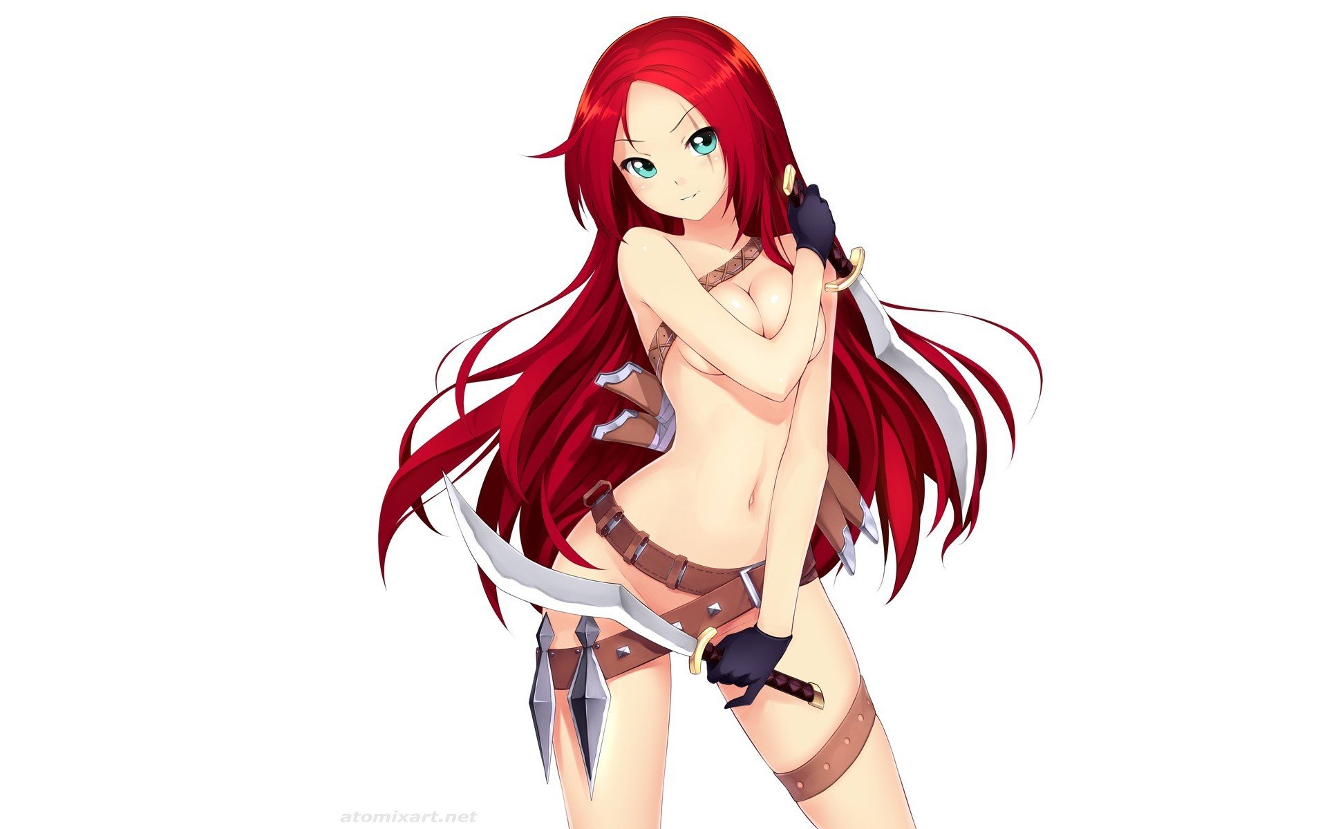 kunst atomix league of legends katharina weißer hintergrund mädchen waffe klingen messer dolch gürtel nackt