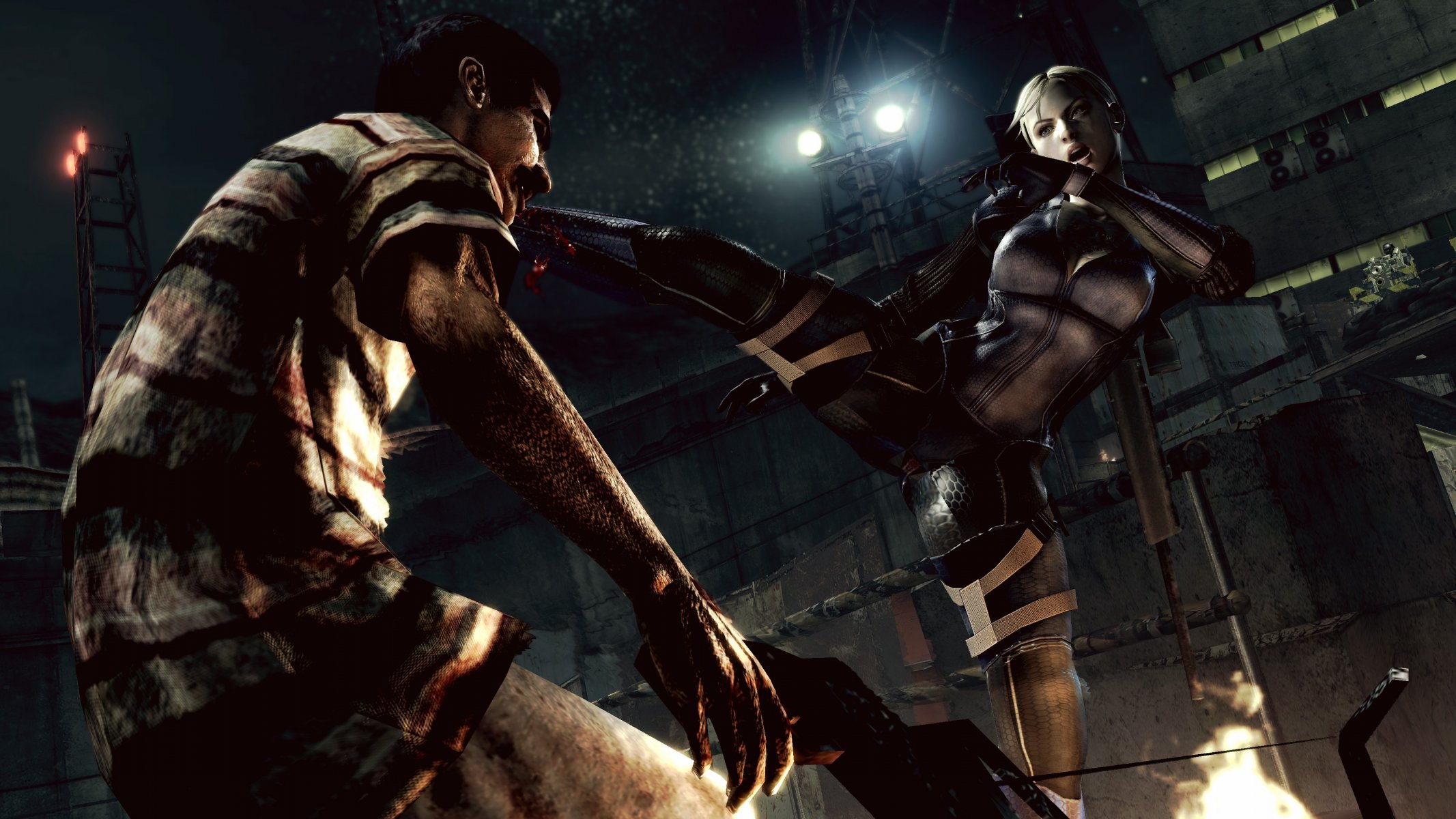resident evil jill valentine fille blonde tactique arme fusil sniper zombie infecté coup sang feu projecteurs nuit