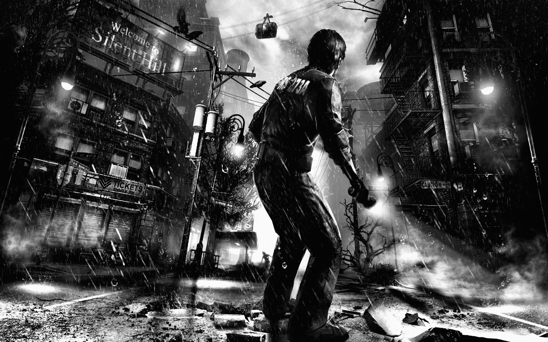 ilent hill: lluvia bienvenida silent hill lluvia murphy pendleton prisionero ciudad calle linterna cuervos niebla ventanas balcones casas linternas carretera luna árboles monstruo lluvia murphy pendleton colina silenciosa