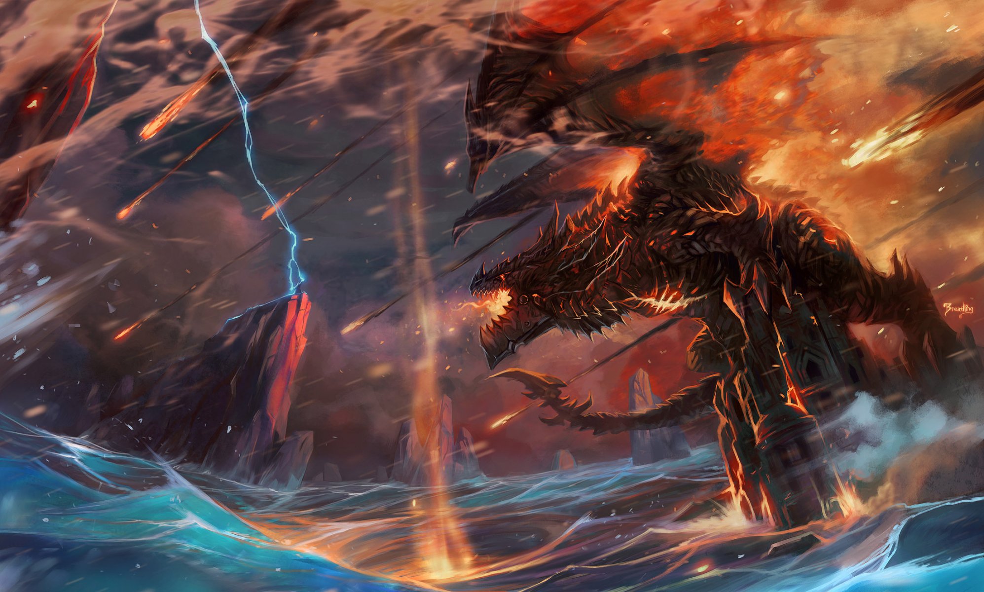 arte jian guo mondo di warcraft drago uomo fulmine castello onde fuoco