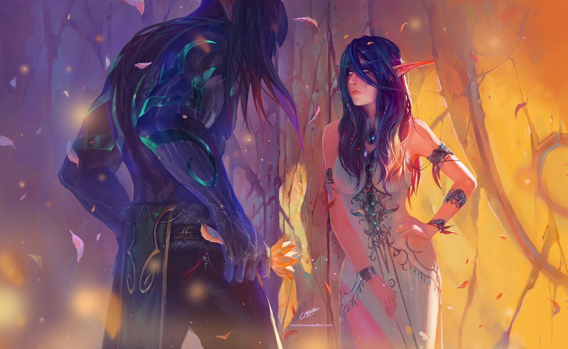 art chenbo world of warcraft guy girl elf leaves yellow