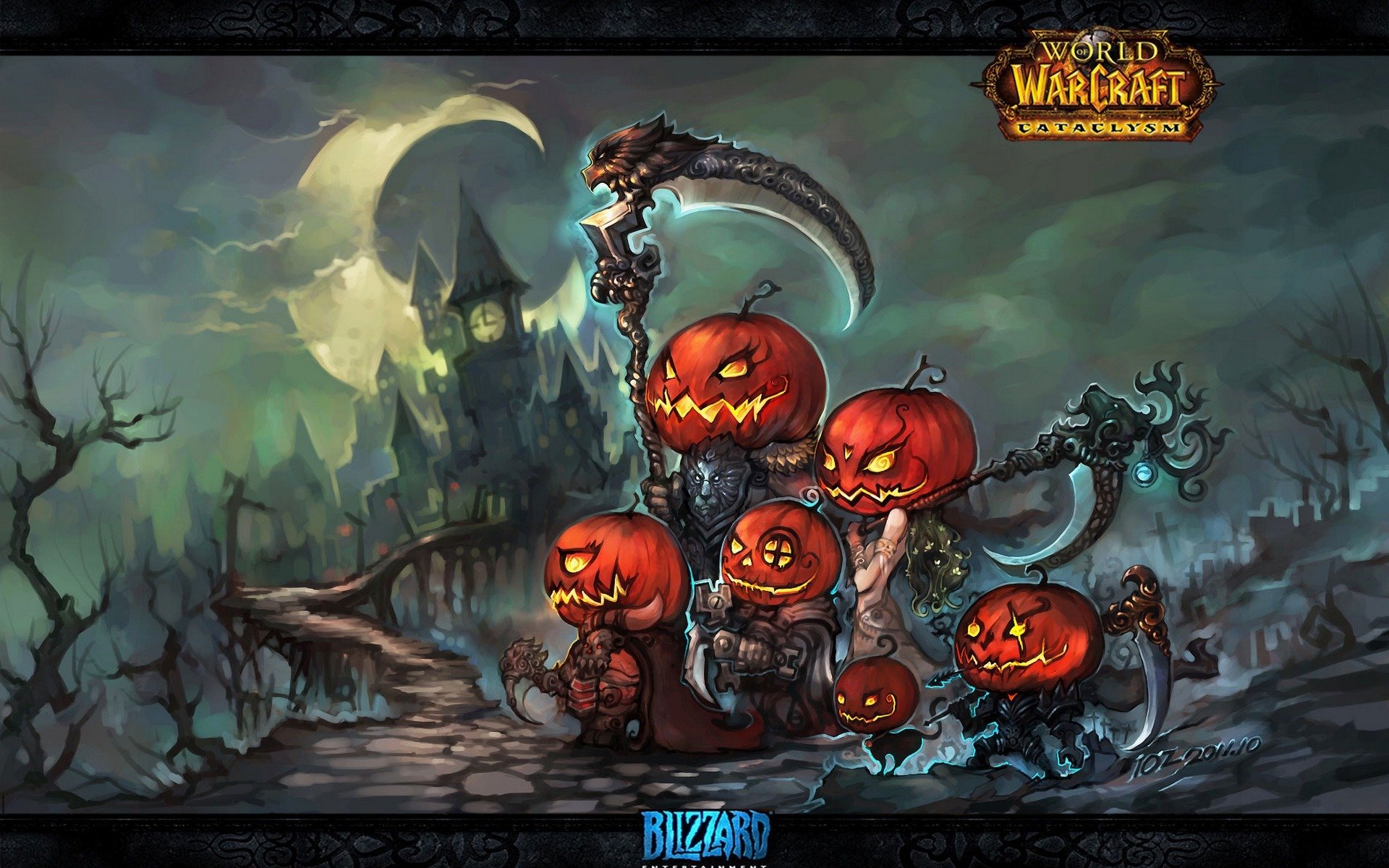 world of warcraft wow cataclysme jeux de papier peint halloween art citrouilles elfes épées armes art