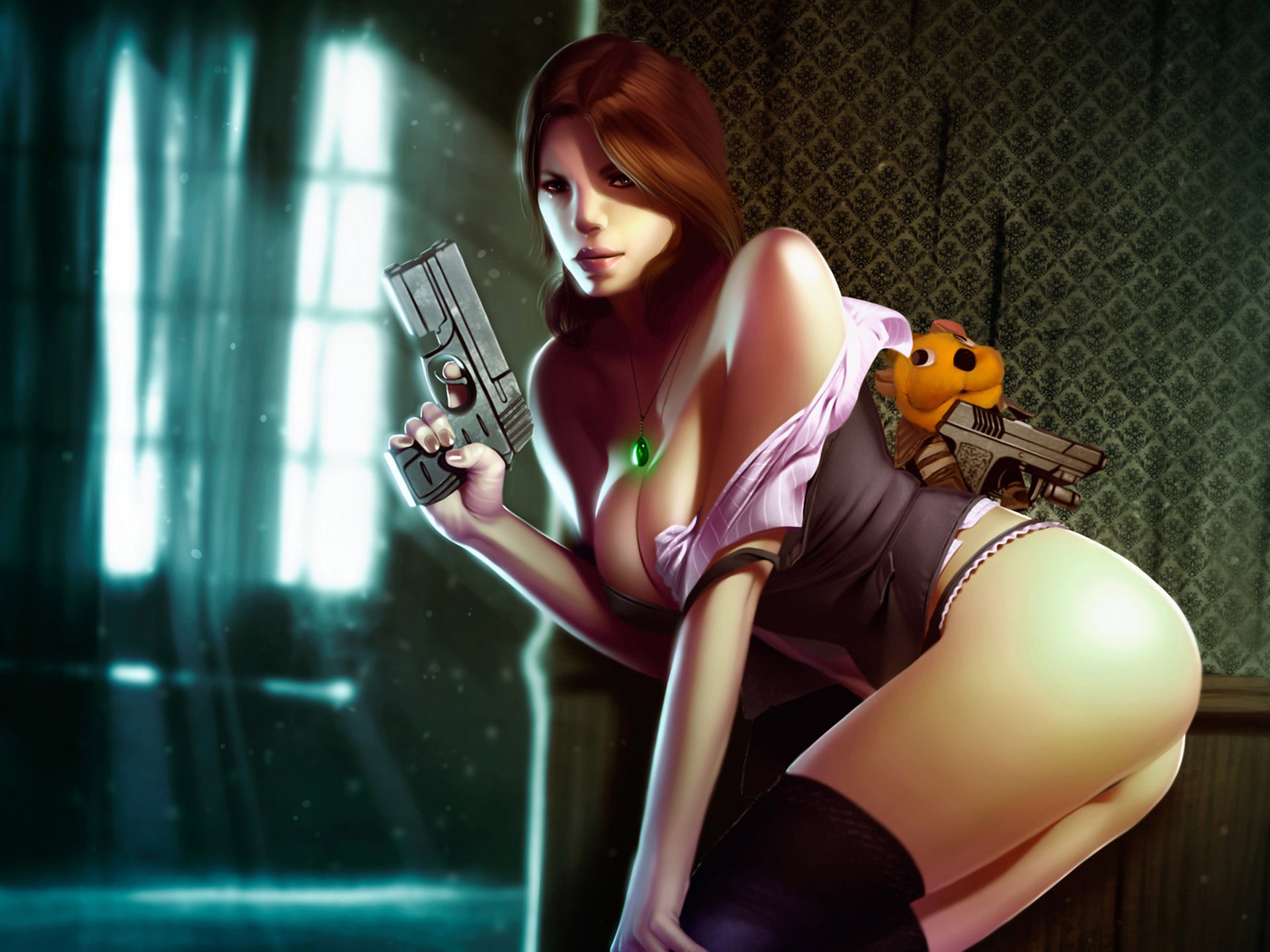 resident evil elena harper fanart ragazza pistola ciondolo giocattolo corridoio luce