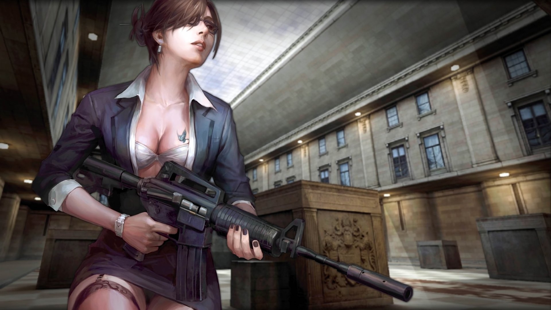 counter-strike online ragazza fucile tatuaggio calze scollatura edificio cassetti