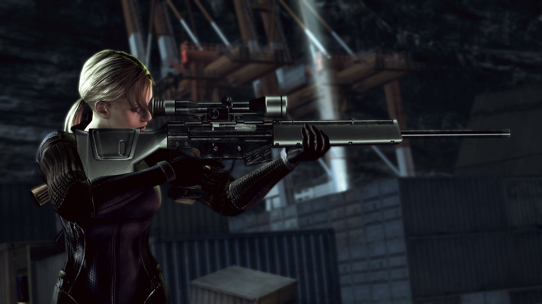 resident evil jill valentine mädchen blond taktischer overall waffe gewehr scharfschütze nacht docks container