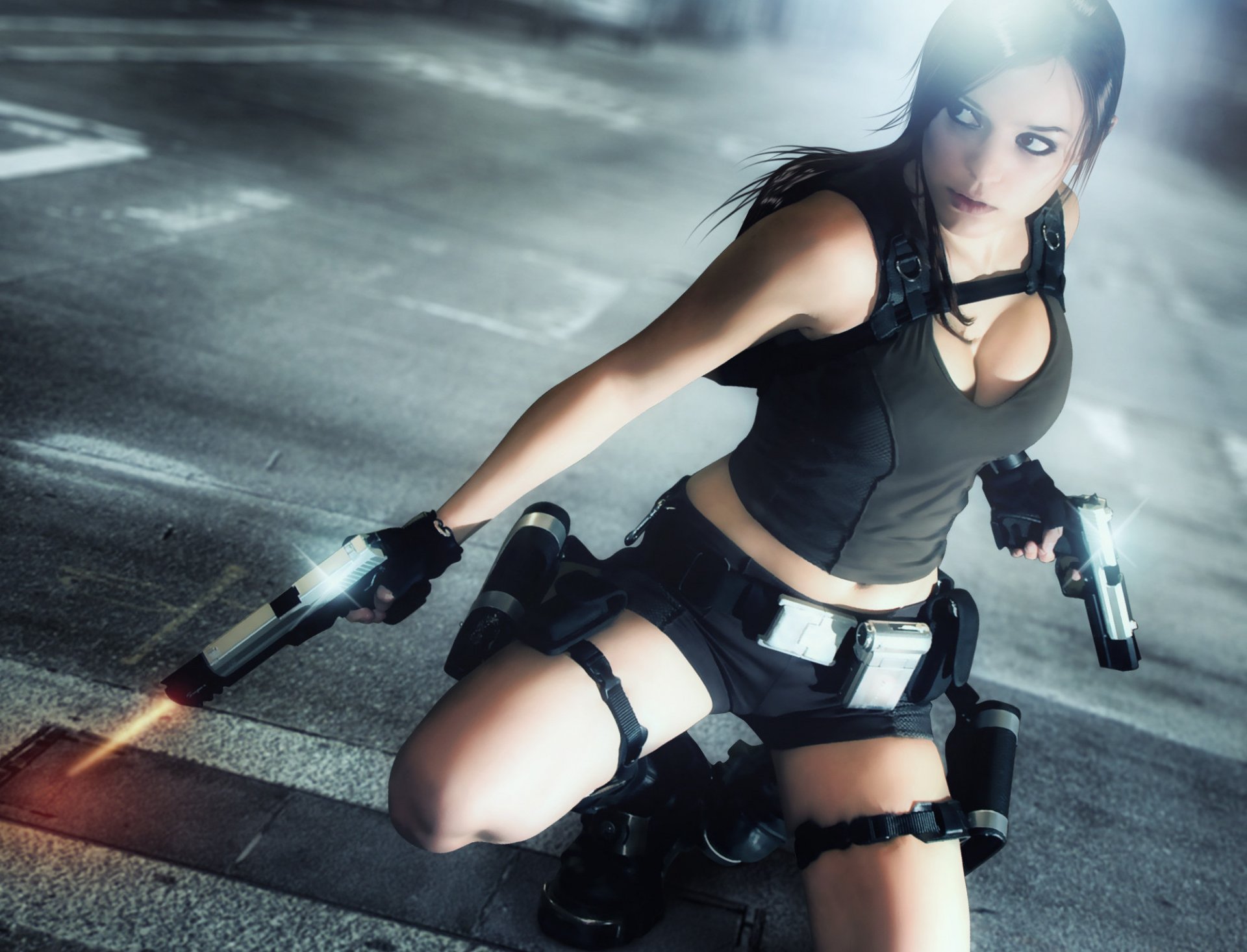 lara croft tomb raider game girl charly brusseau weapon guns jersey face hair view bag