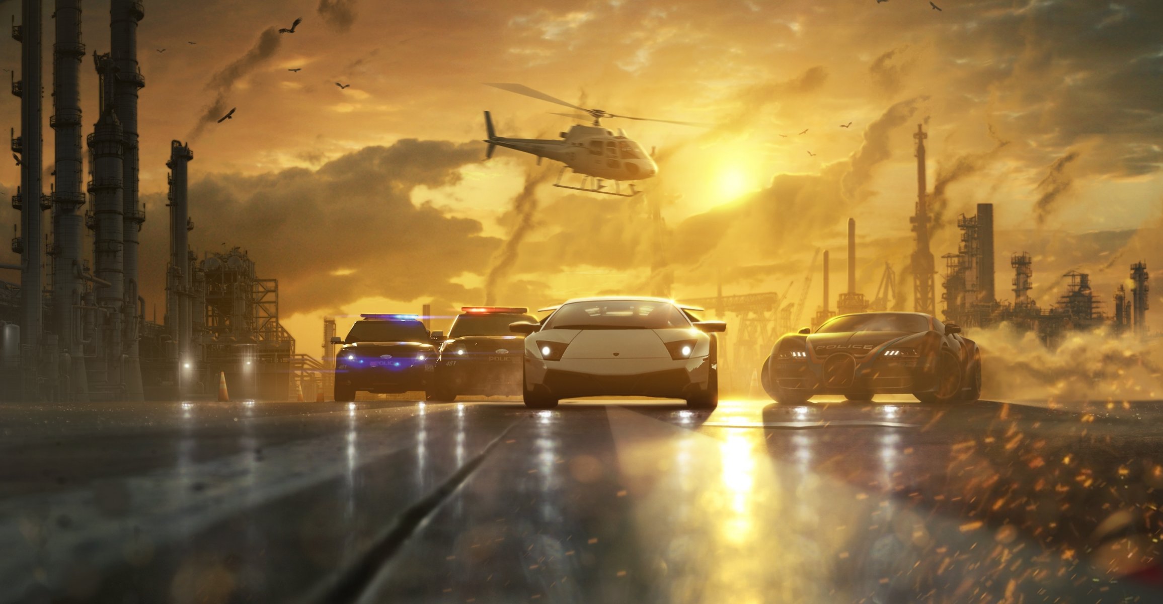 art need for speed most wanted machinery race chase police road helicopters sunset of the tube smoke