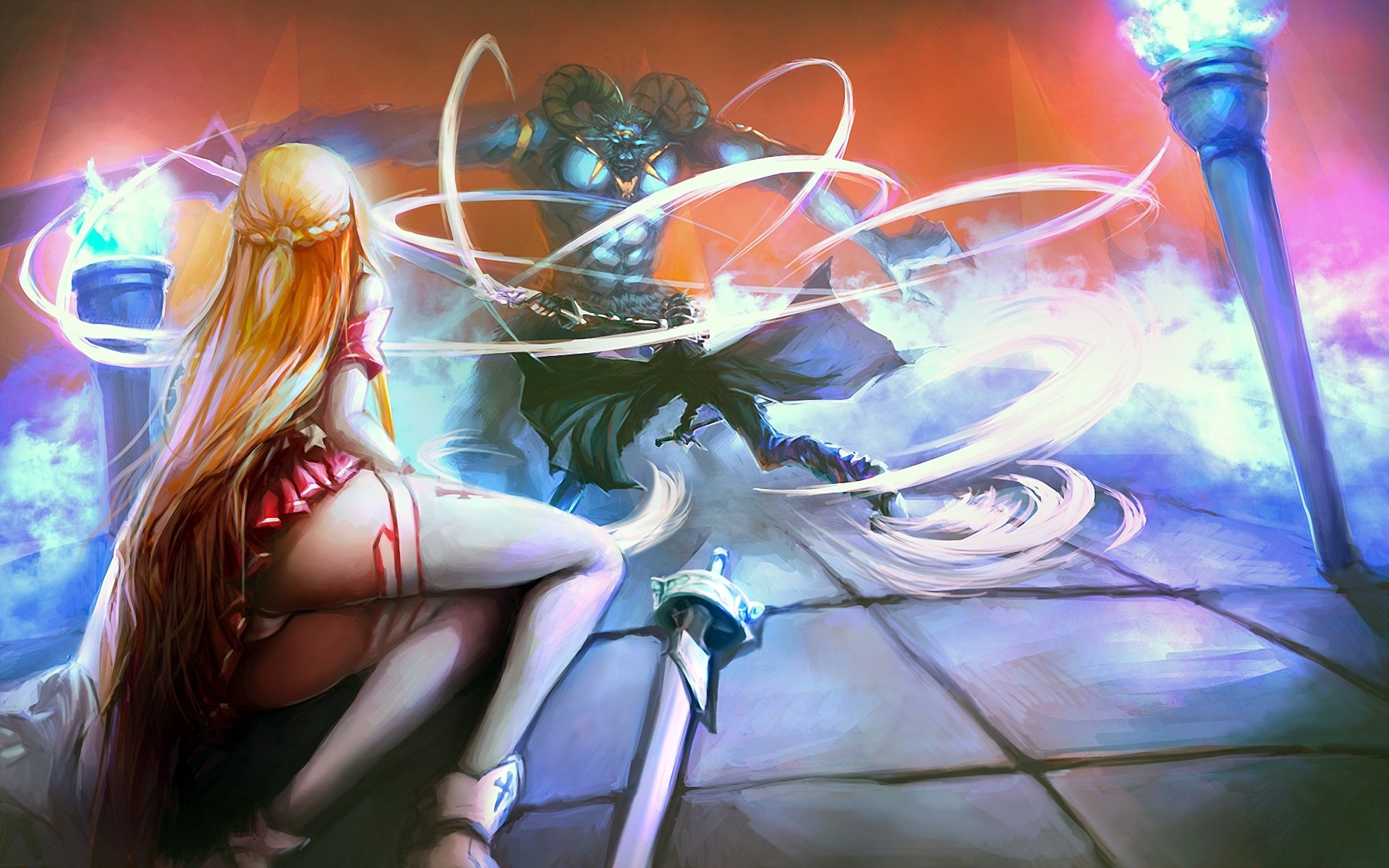 arte espada de arte en línea yuki asuna chica chico monstruo espada batalla magia luces