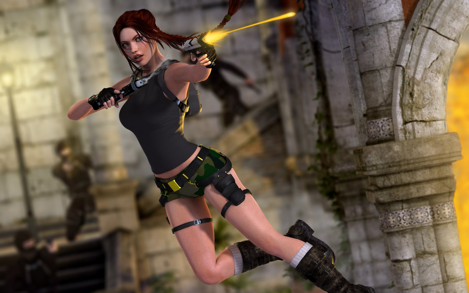 tomb raider lara croft chica pistolas tiro salto ruinas renderizado