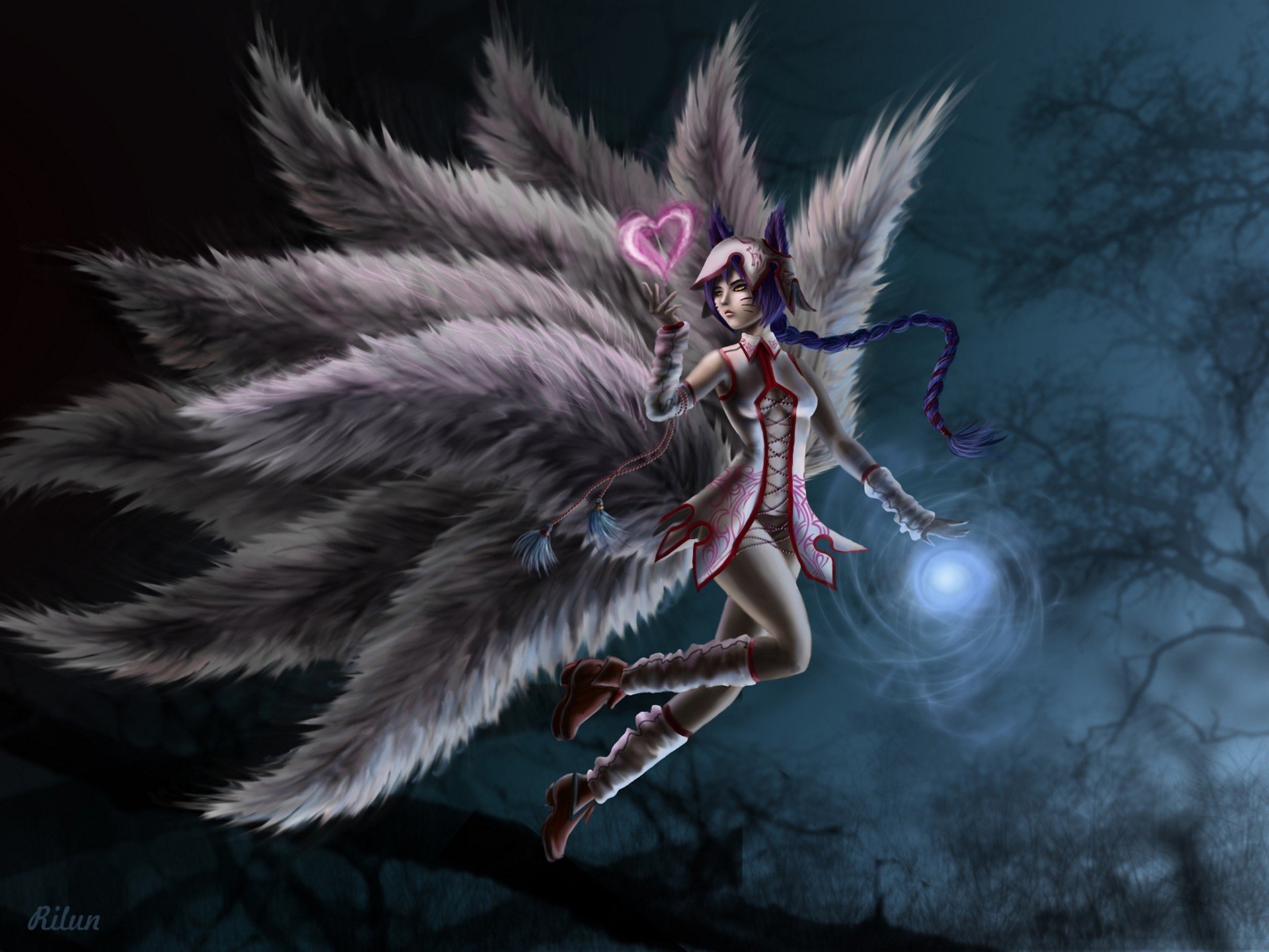 art ahri league of legends dziewczyna ogony serce
