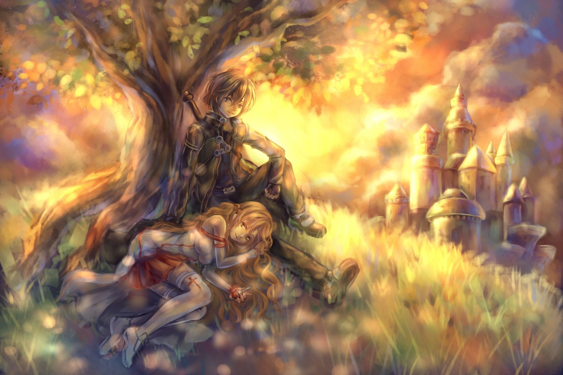 arte tandolcedeco spada arte online kirigaya kazuto yuki asuna albero castello ragazza ragazzo collina coppia spada