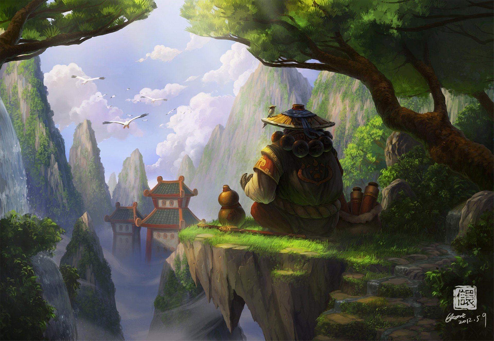 art world of warcraft mists of pandaria panda asia birds rock hat temple height degree tree