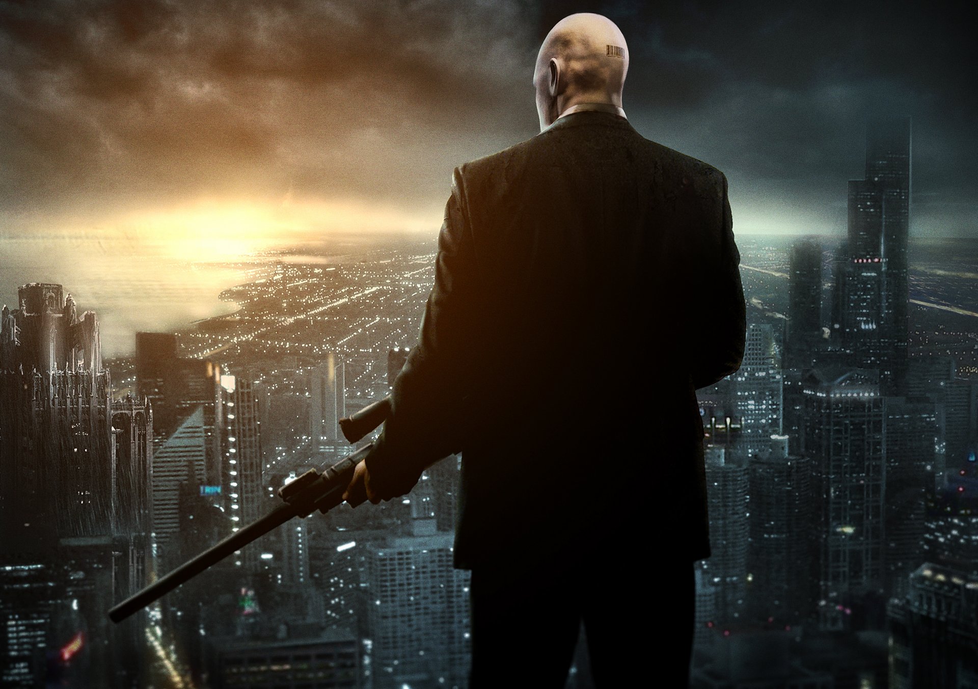hitman absolution hitman sniper challenge assassin agent 47 forty-seventh bald weapon sniper rifle house town metropolis jacket barcode