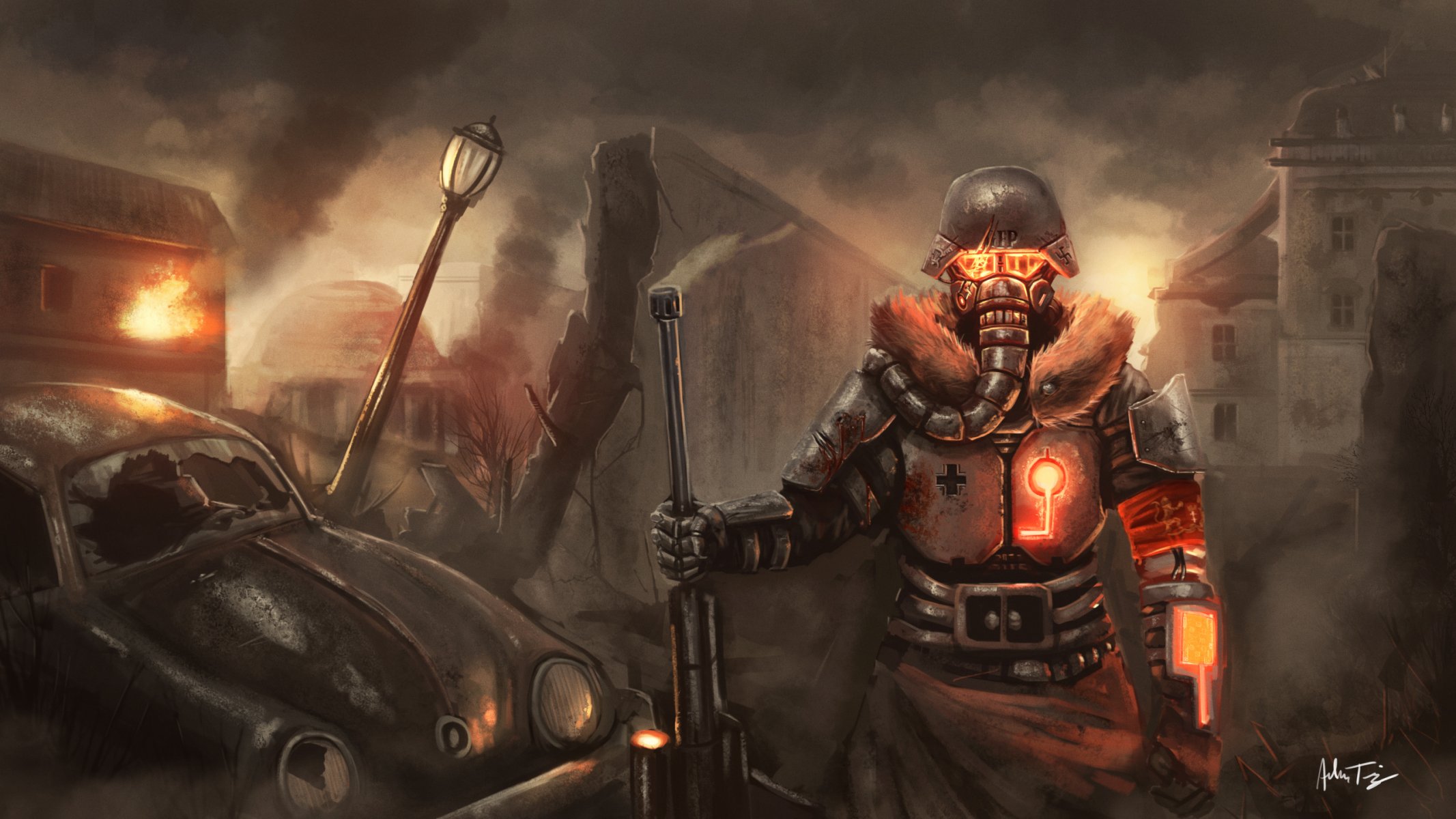 kunst fallout berlin soldat metall maske helm auto stadt laterne ruinen zaun feuer waffe gewehr bandage blut trümmer deutscher