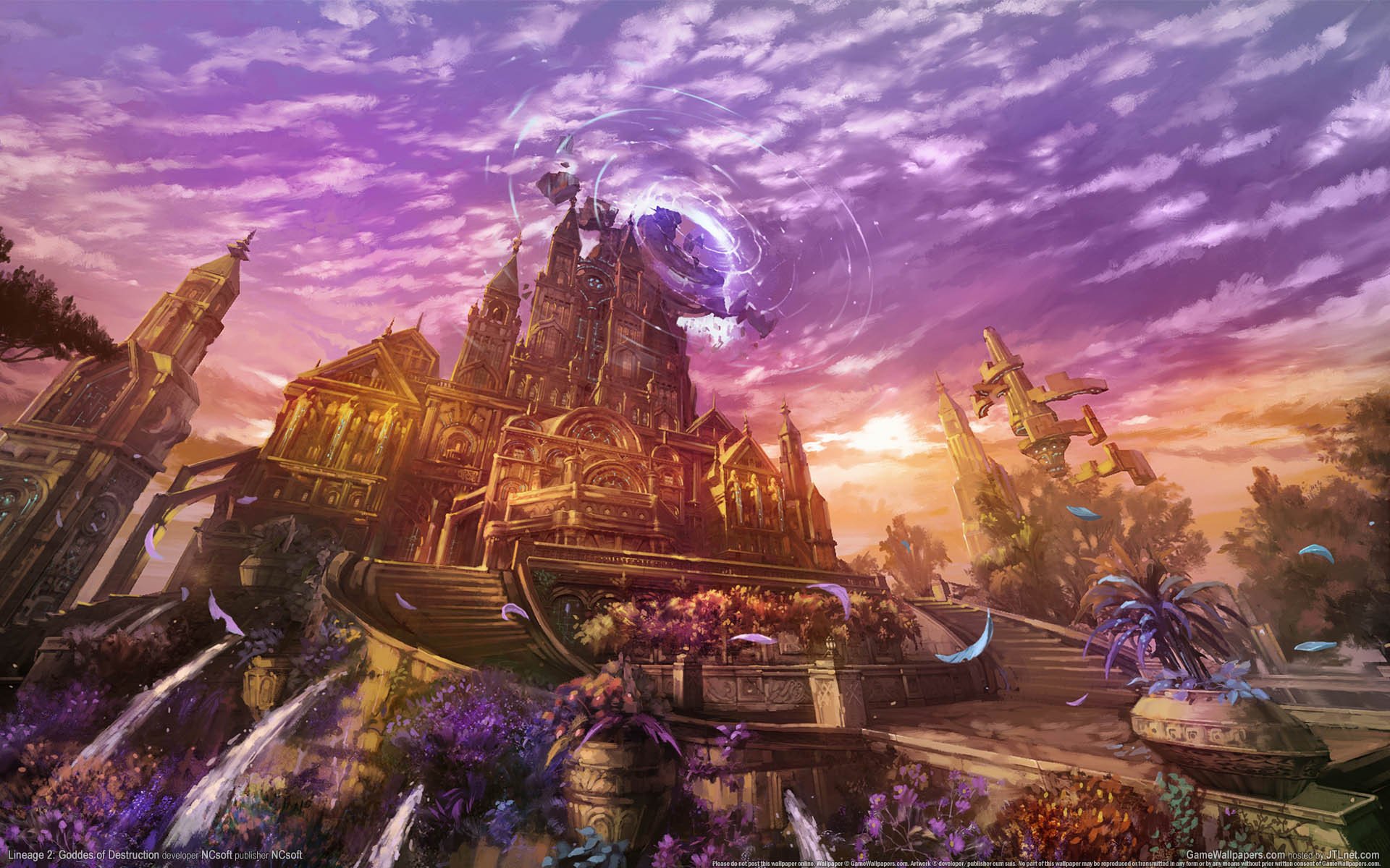 ligne 2: déesse de la destruction jeux de papier peint fantasy ville coucher de soleil magie fleurs château ciel nuages règle déesse de la destruction place palais escaliers