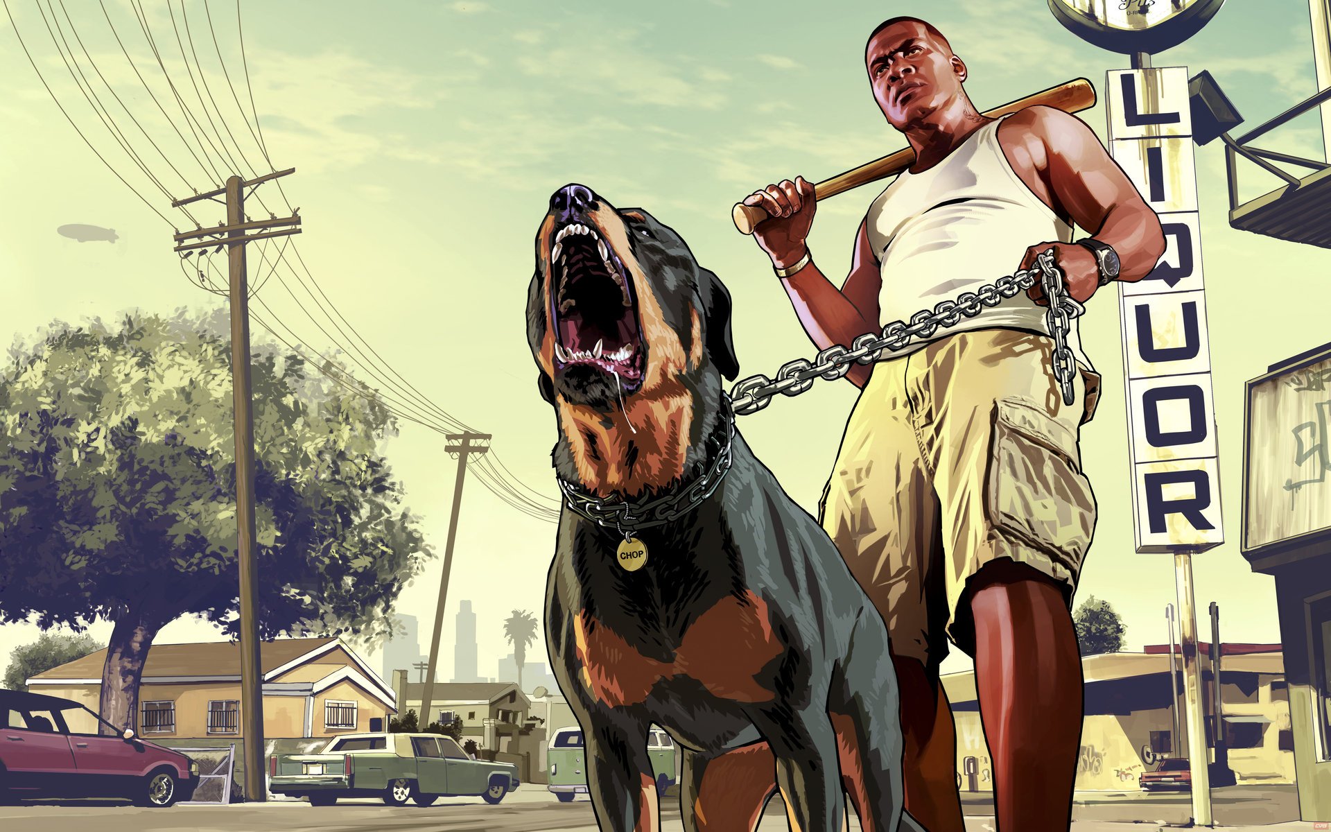 grand theft auto v мужик бита пес лос сантос франклин чоп ротвейлер
