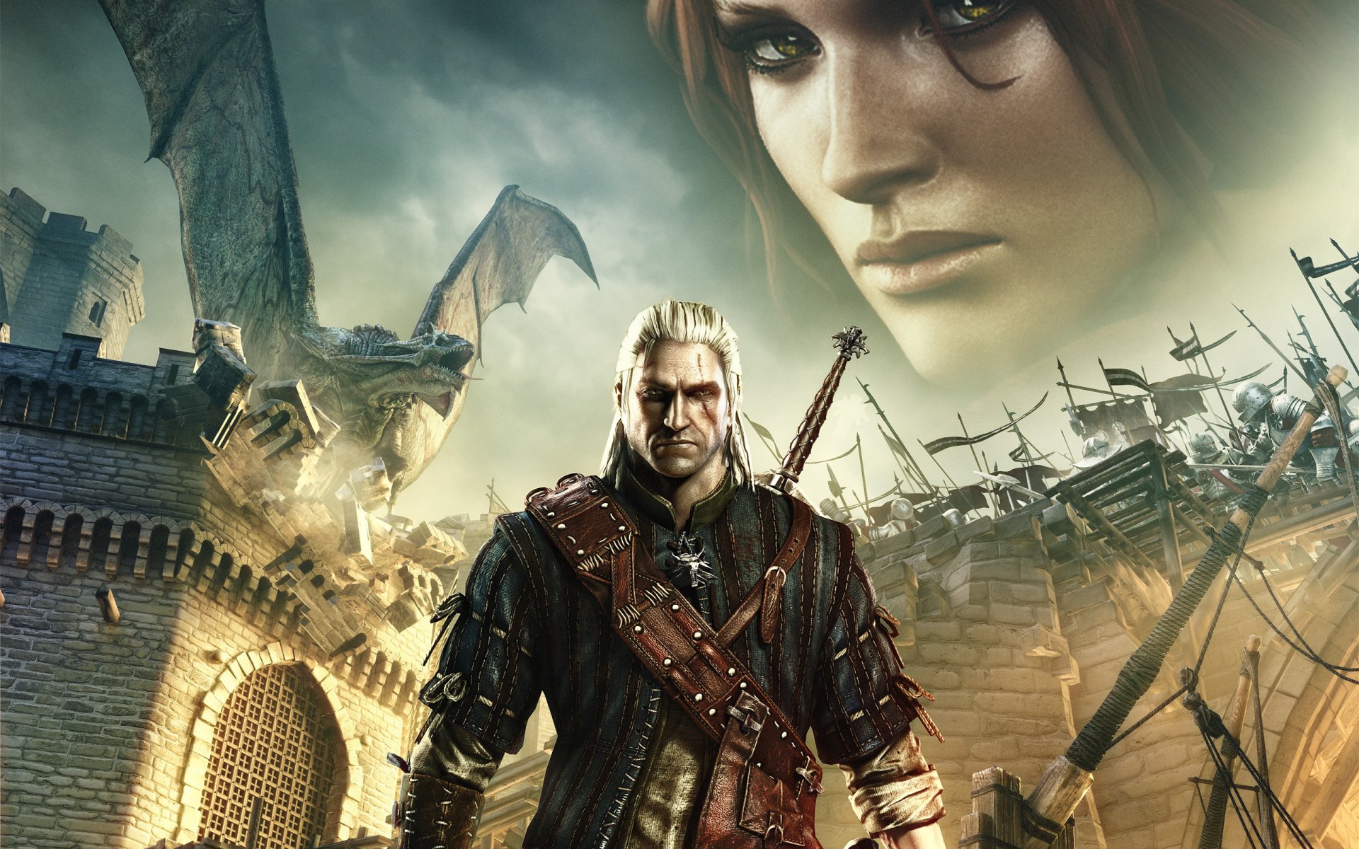 wiedźmin 2 : zabójcy królów wiedźmin 2: zabójcy królów wiedźmin geralt z rivii triss merigold smok ogień miecz zamek blizna spojrzenie medalion geralt z rivii rzeźnik z blaviken gwynbleidd biały wilk białogłowy
