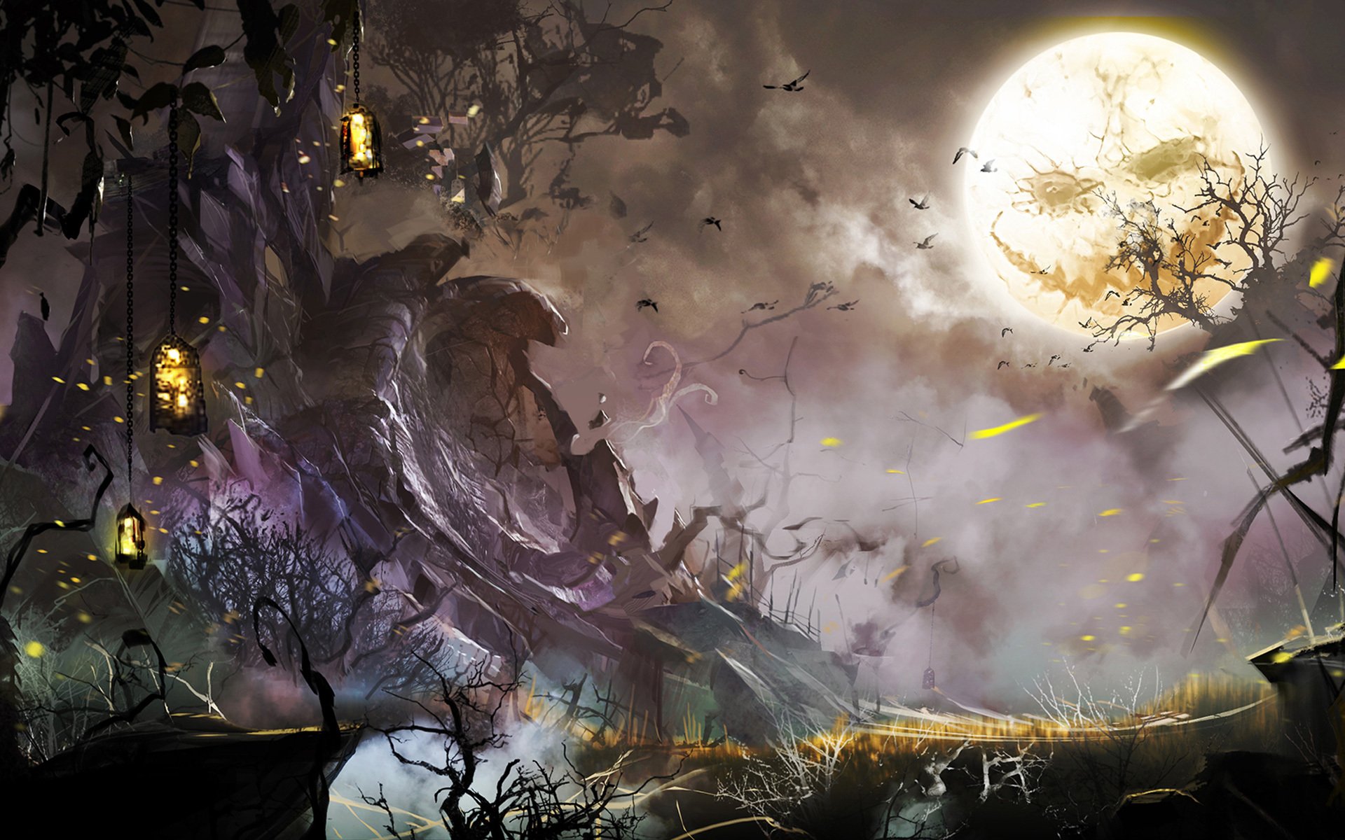 guild wars 2 halloween arte noche luna cara linternas pájaros árboles horror