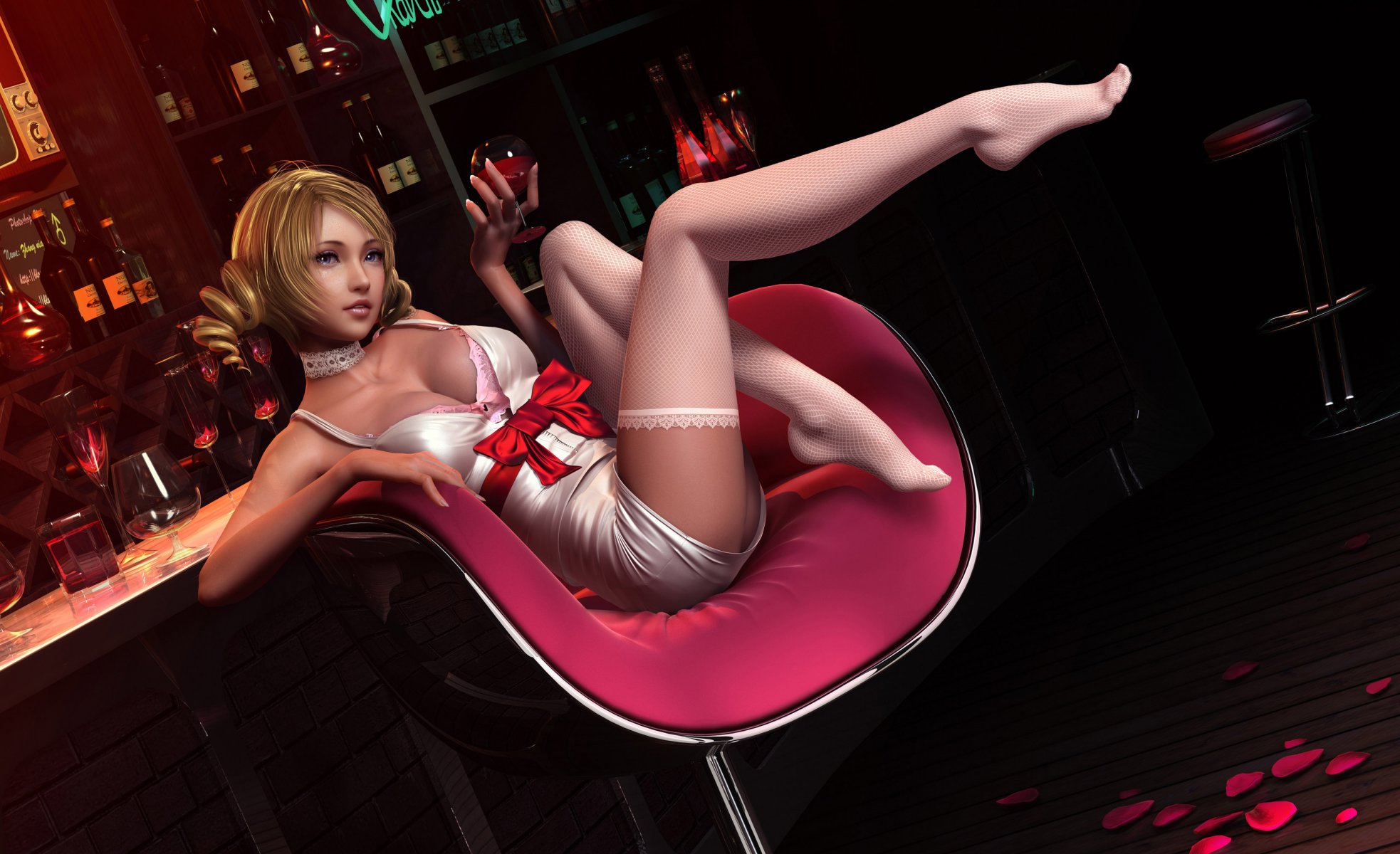 arte catherine catherine ragazza calze bar vino bicchiere nastro fiocco rosso sedia petali