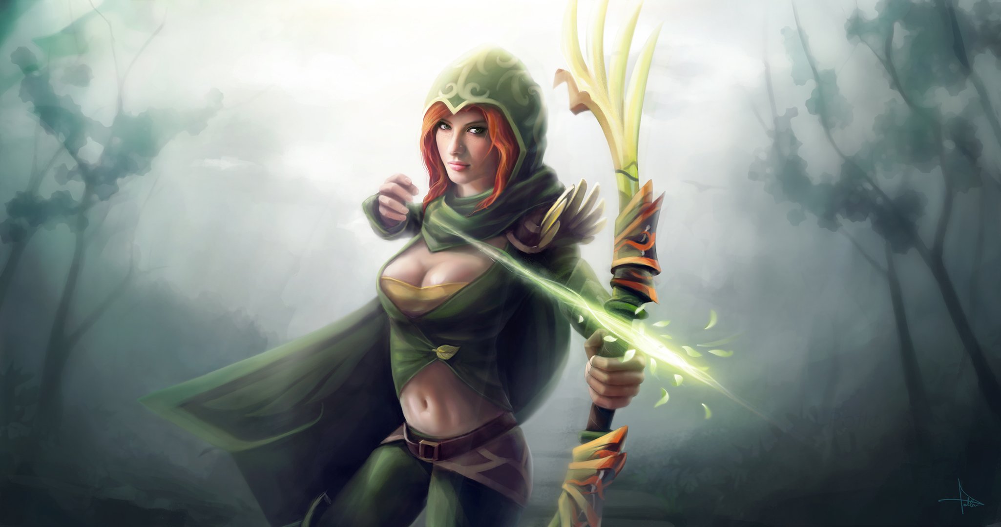 arte dota 2 chica arco arquero flecha magia capucha bosque pelirroja