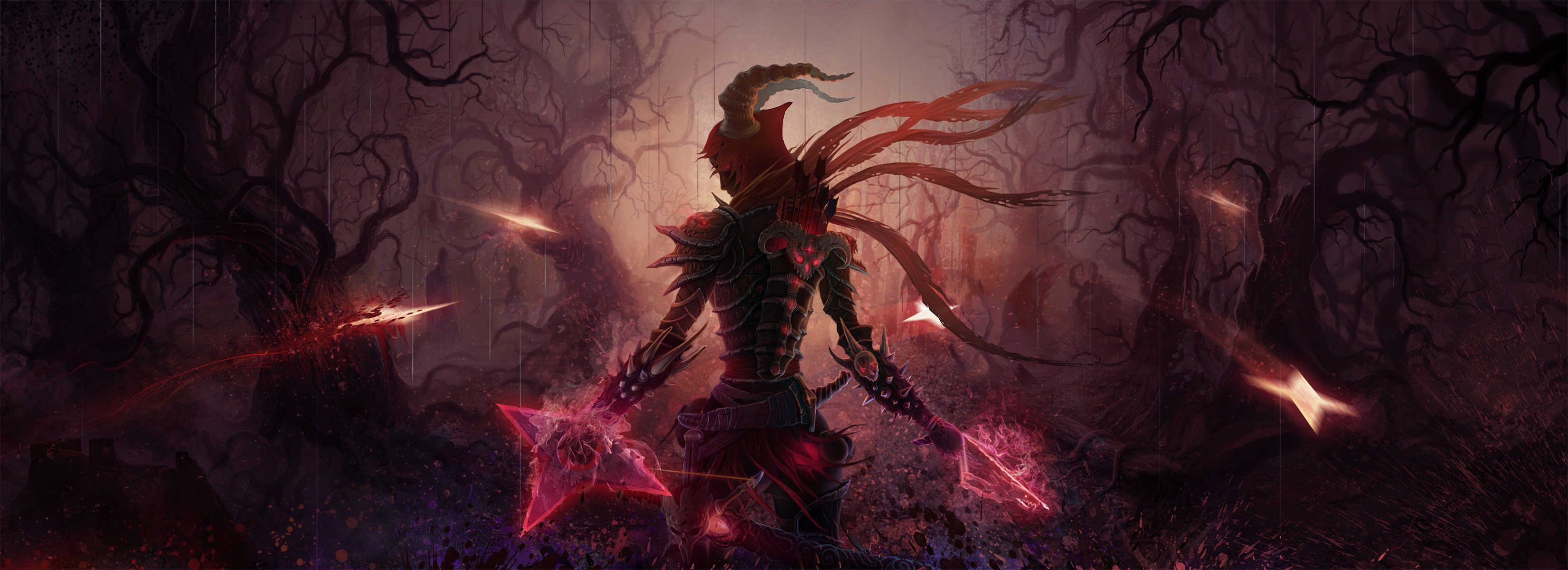 diablo 3 art kotnonekot łowca demonów zbroja broń kołczan strzały miecz kusza las noc demony