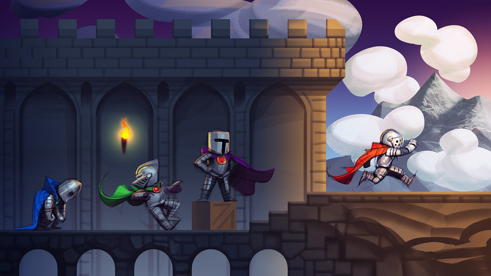 kunst schloss spiel level ritter 2d-platformer-spiel brücke box box umhang rüstung wolken