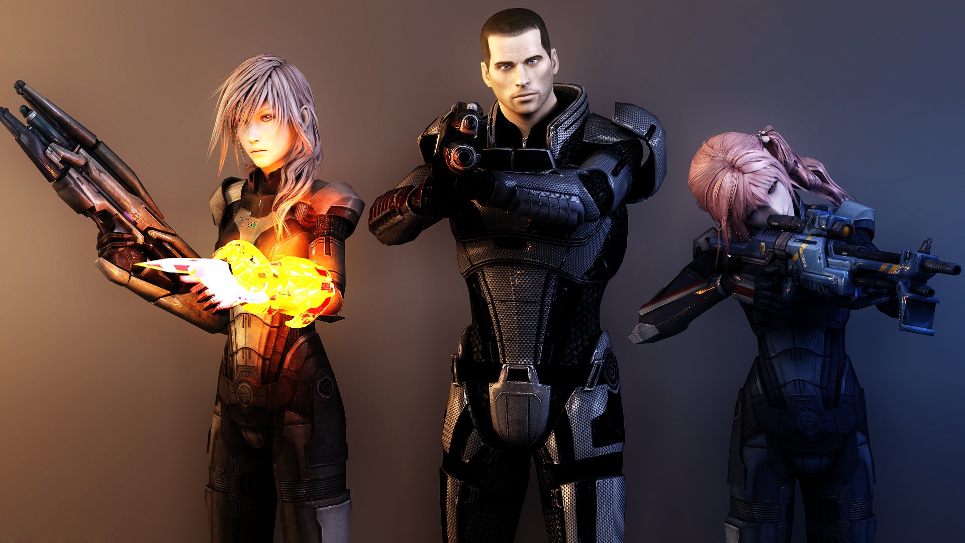 art final fantasy mass effect dziewczyny błyskawice kapitan shepard broń render zbroja kolaż