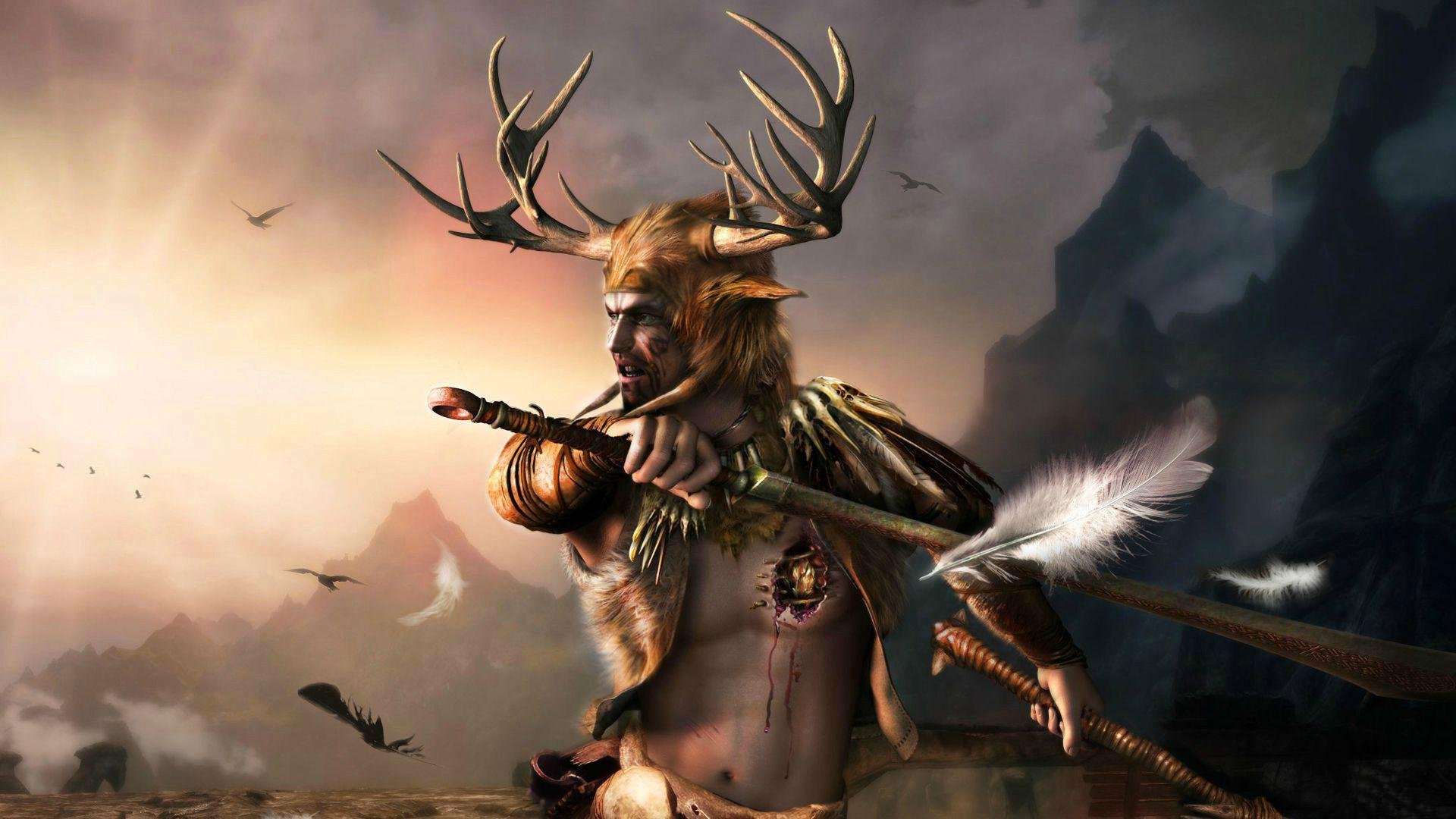 the elder scrolls skyrim мужчина броня оружие шлем рога сердце перья изгой вересковое сердце