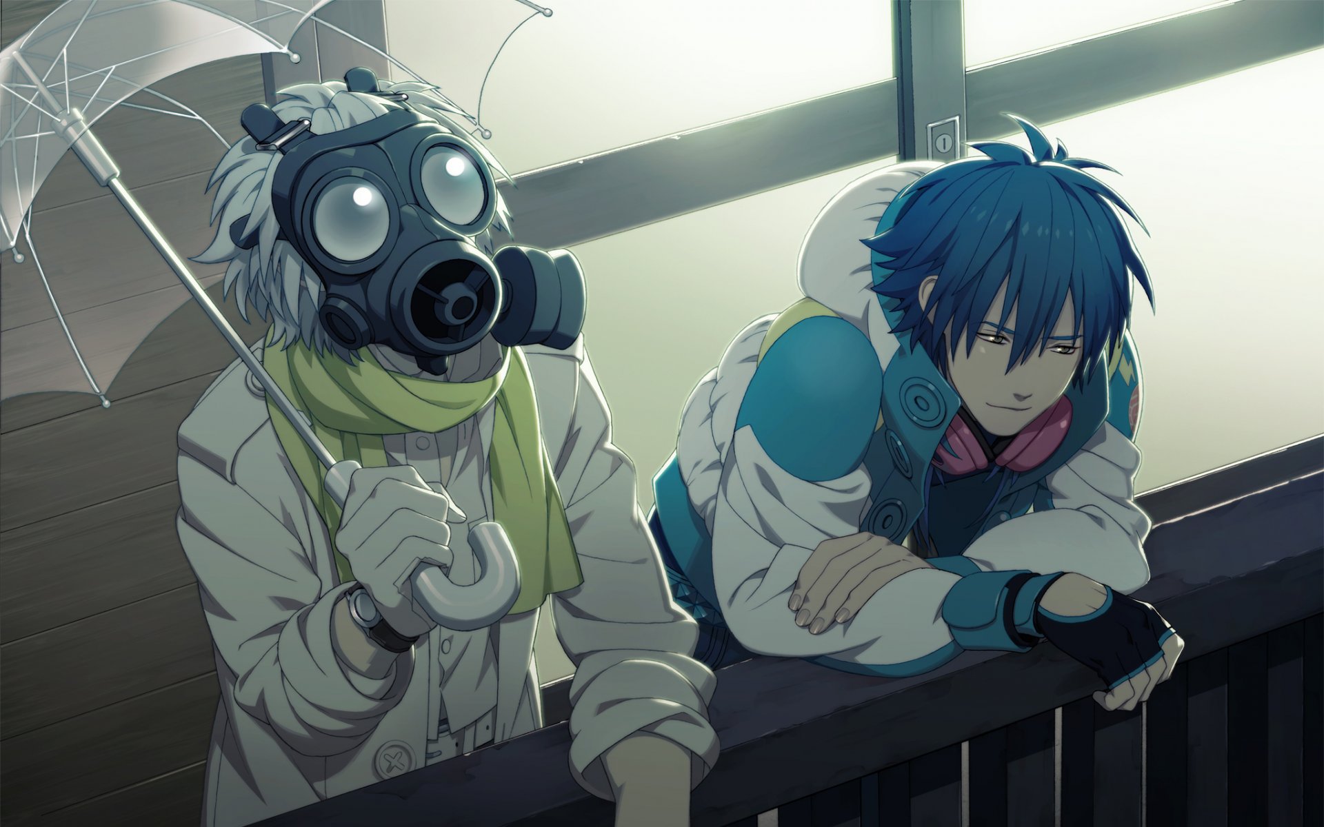 dramatischer mord klar aoba jungs regenschirm gasmaske handschuhe schal kopfhörer