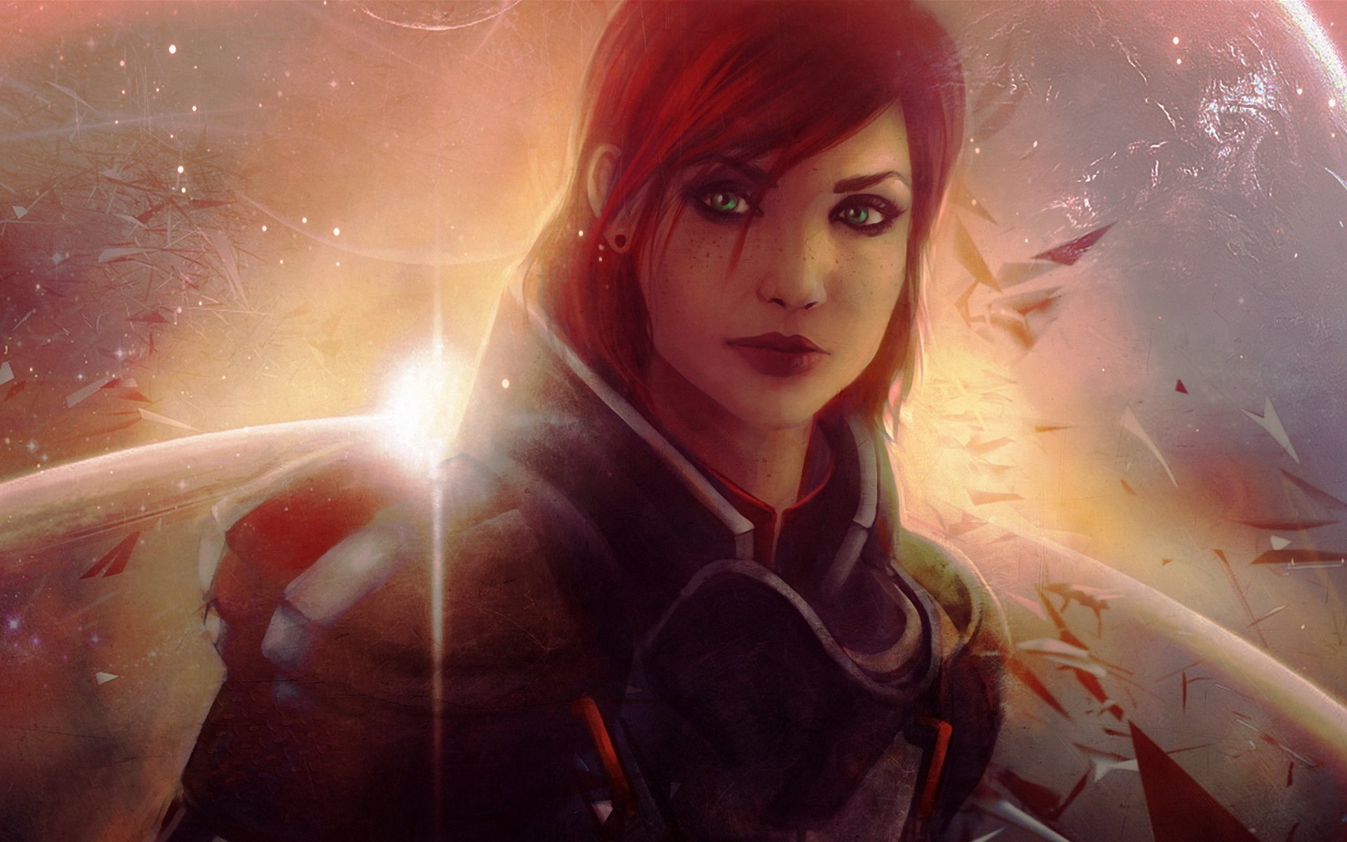efecto de masa jane shepard chica pelirroja ojos verdes planeta estrellas armadura n7 fragmentos