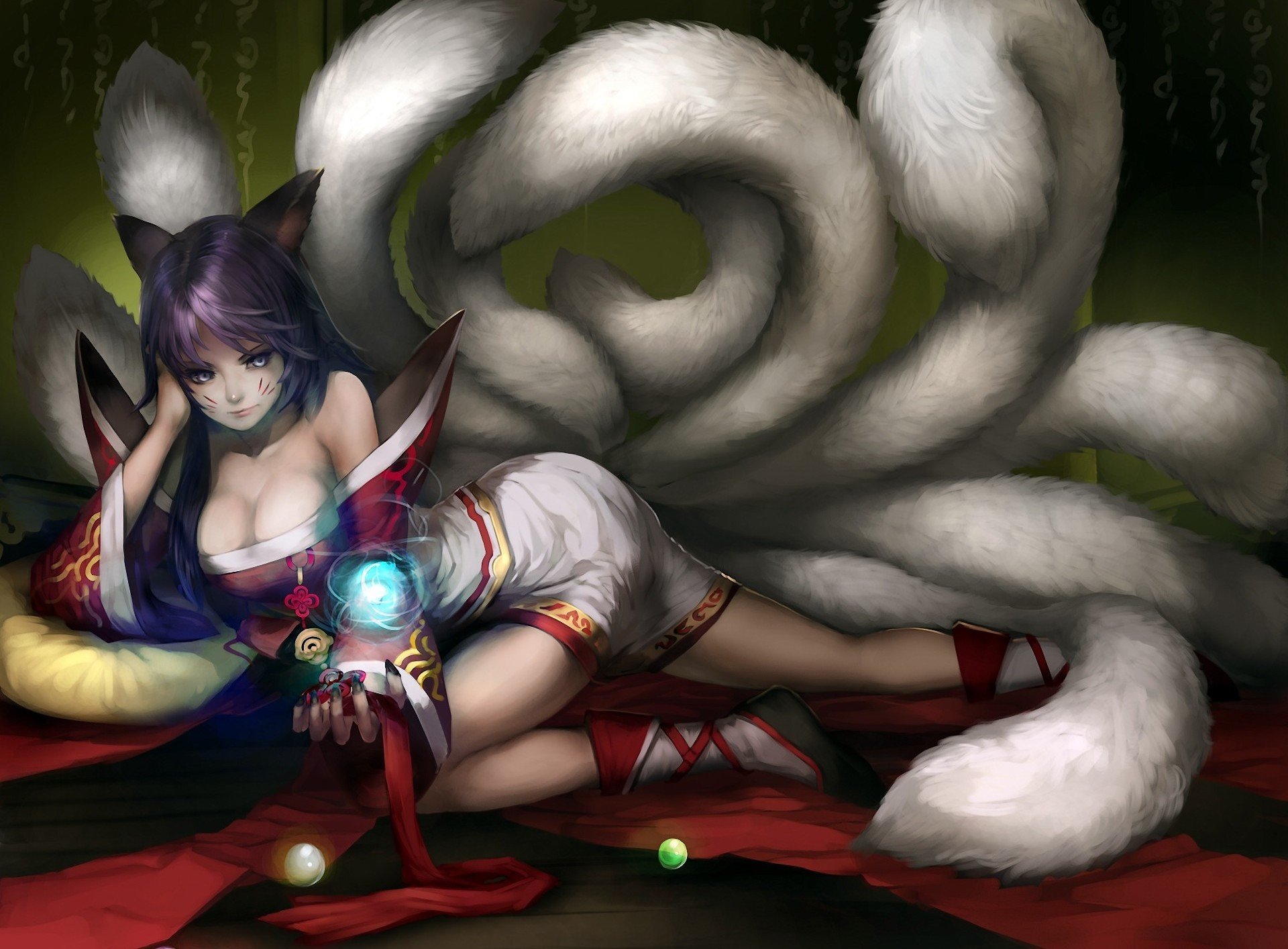 arte youshun liga de leyendas ahri chica orejas colas bolas magia cintas