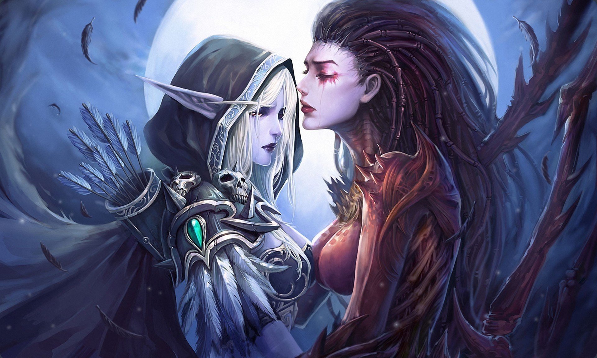 art nanaly world of warcraft starcraft sarah kerrigan sylvanas windrunner girls tears boom hood wings elf moon feather